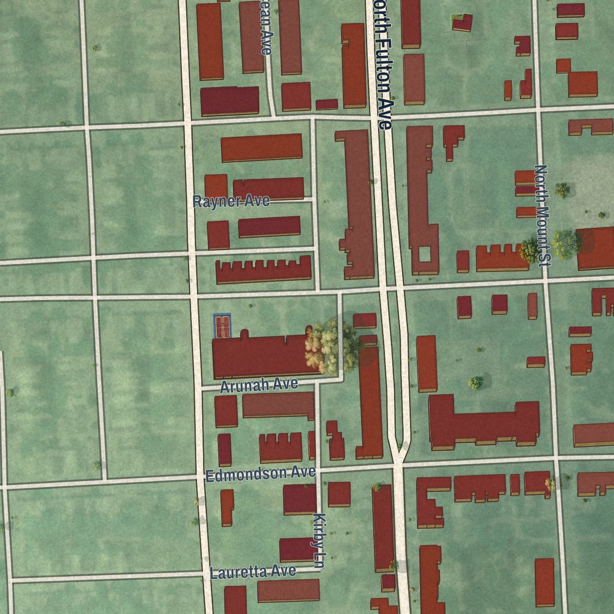 Close-up of the map of Harlem Park, Maryland print showing street and building detail