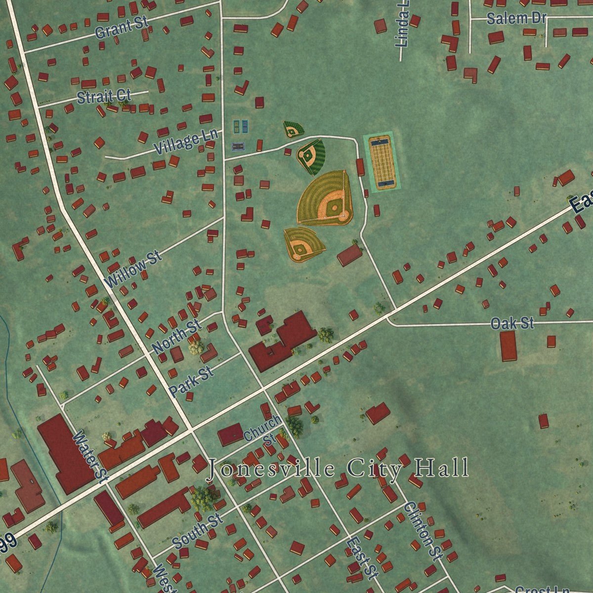 Close-up of the map of Jonesville, Michigan print showing street and building detail