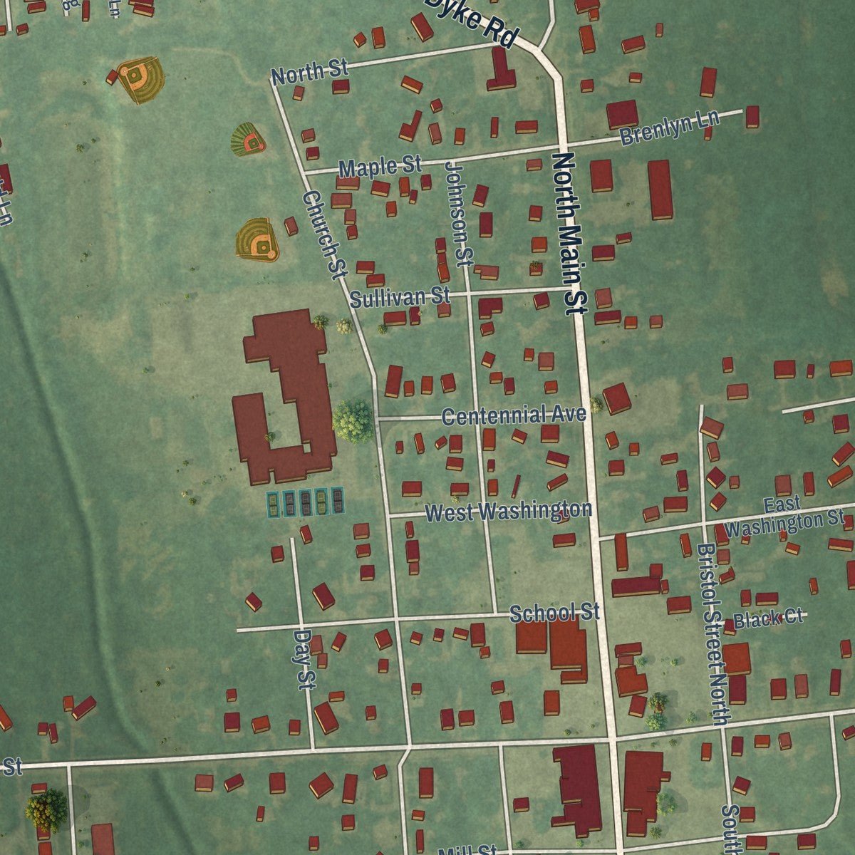 Close-up of the map of Almont, Michigan print showing street and building detail