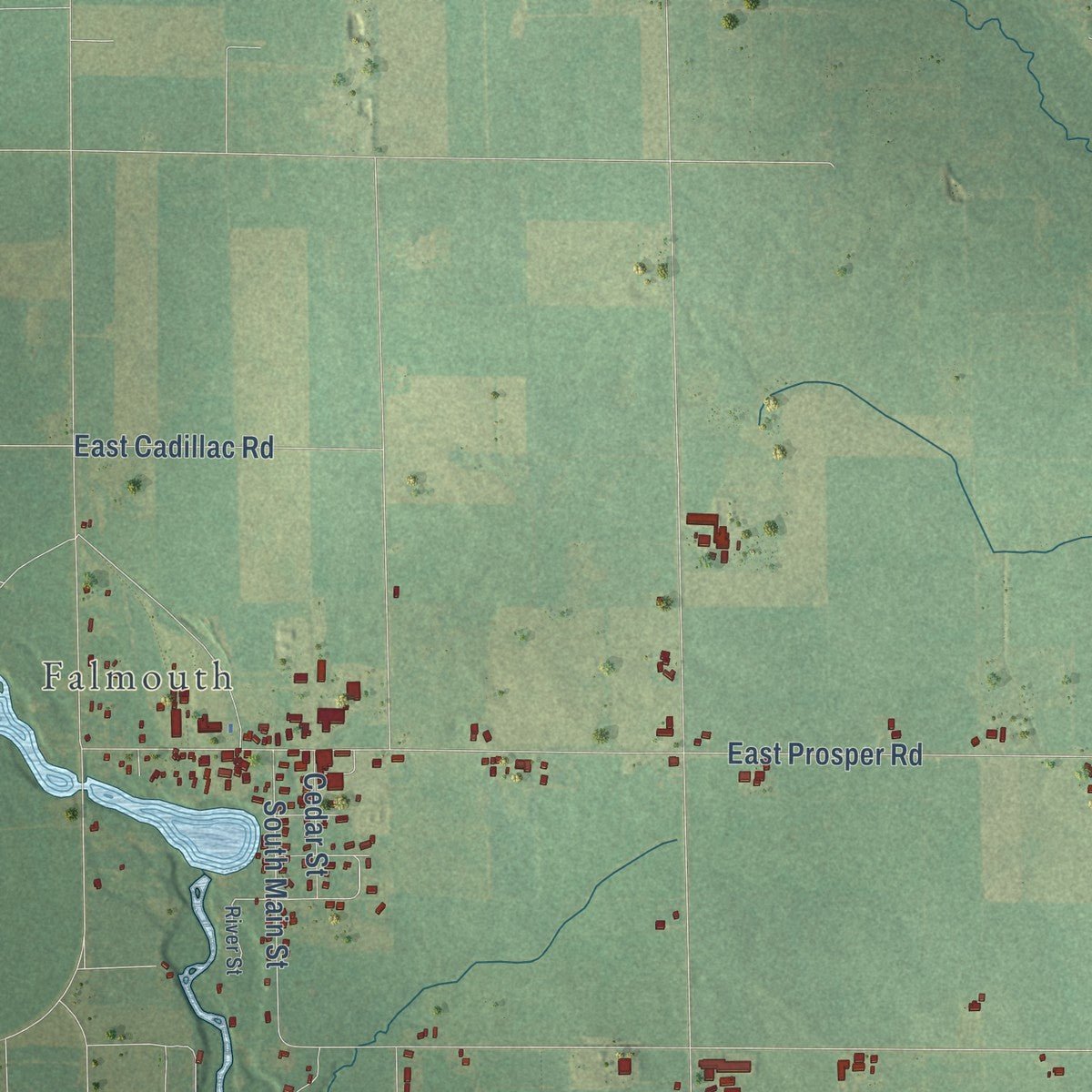 Close-up of the map of Clam Union, Michigan print showing street and building detail