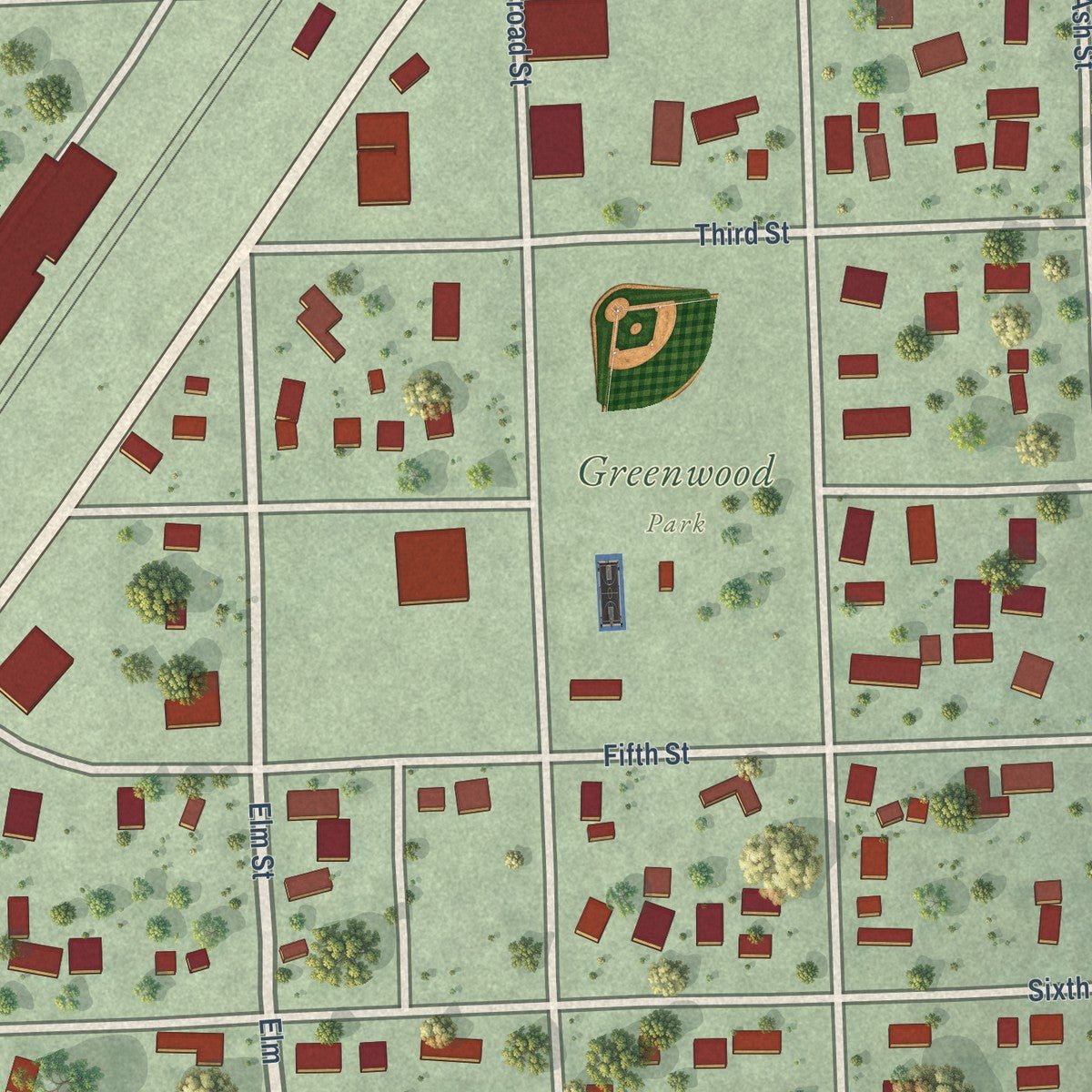 Close-up of the map of Greenwood, Nebraska print showing street and building detail