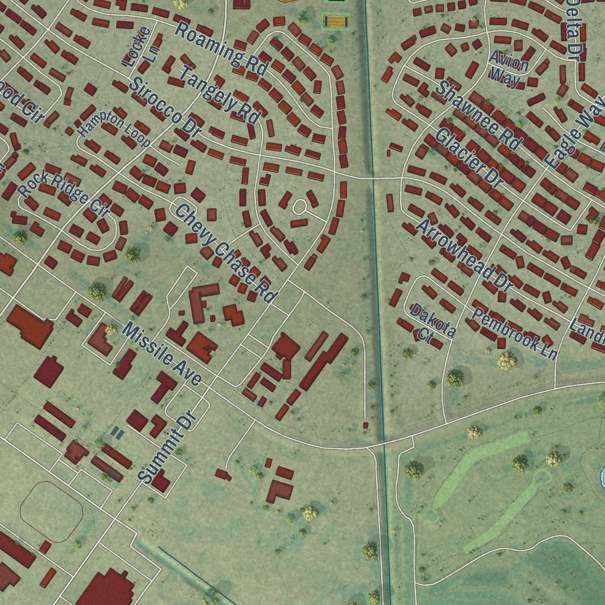 Close-up of the map of Minot AFB, North Dakota print showing street and building detail