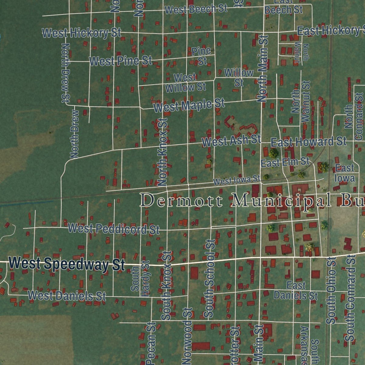 Close-up of the map of Dermott, Arkansas print showing street and building detail