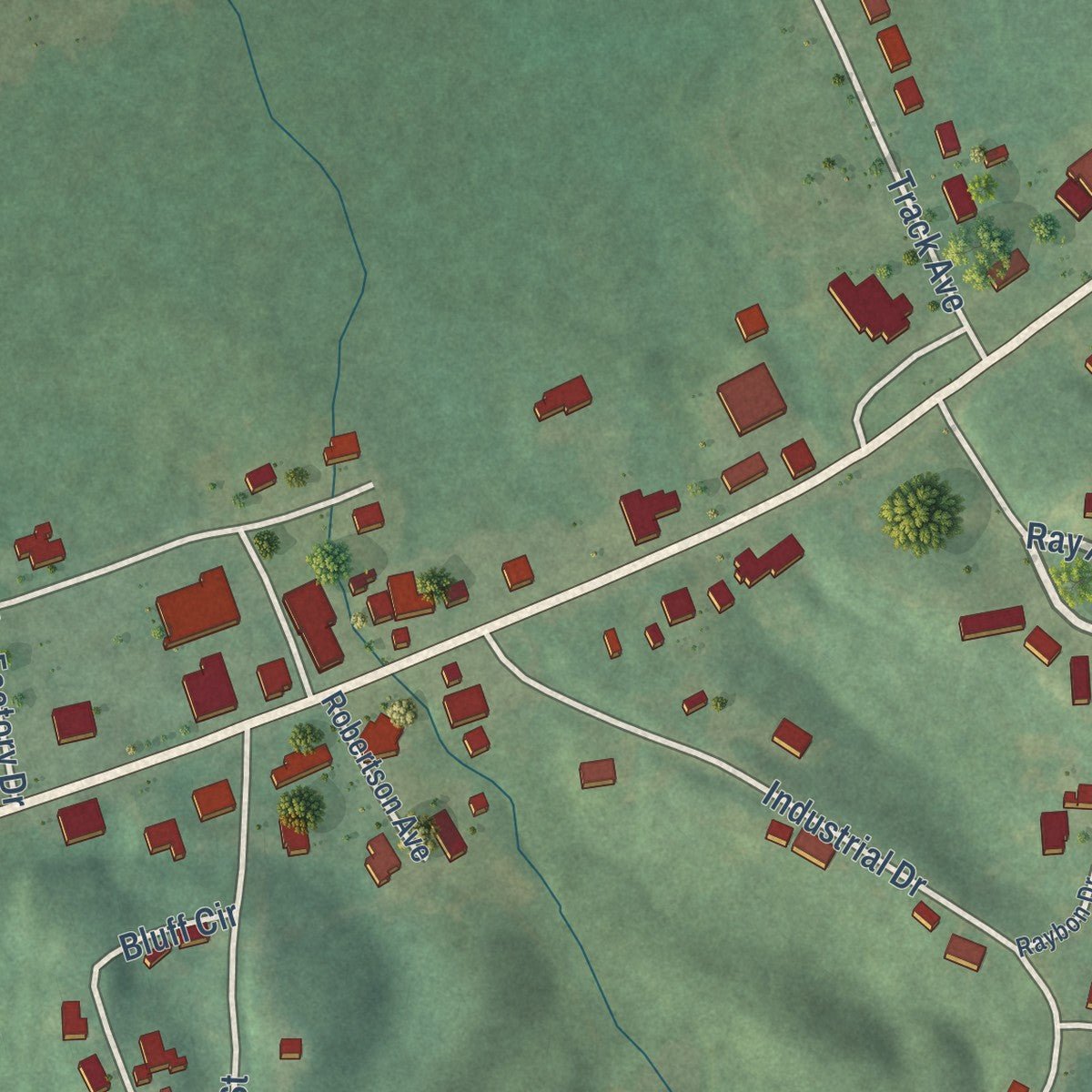 Close-up of the map of Detroit, Alabama print showing street and building detail