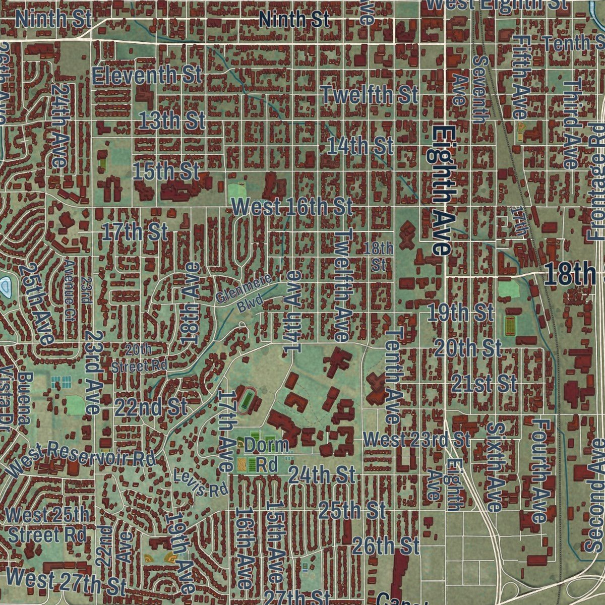 Close-up of the map of Greeley, Colorado print showing street and building detail