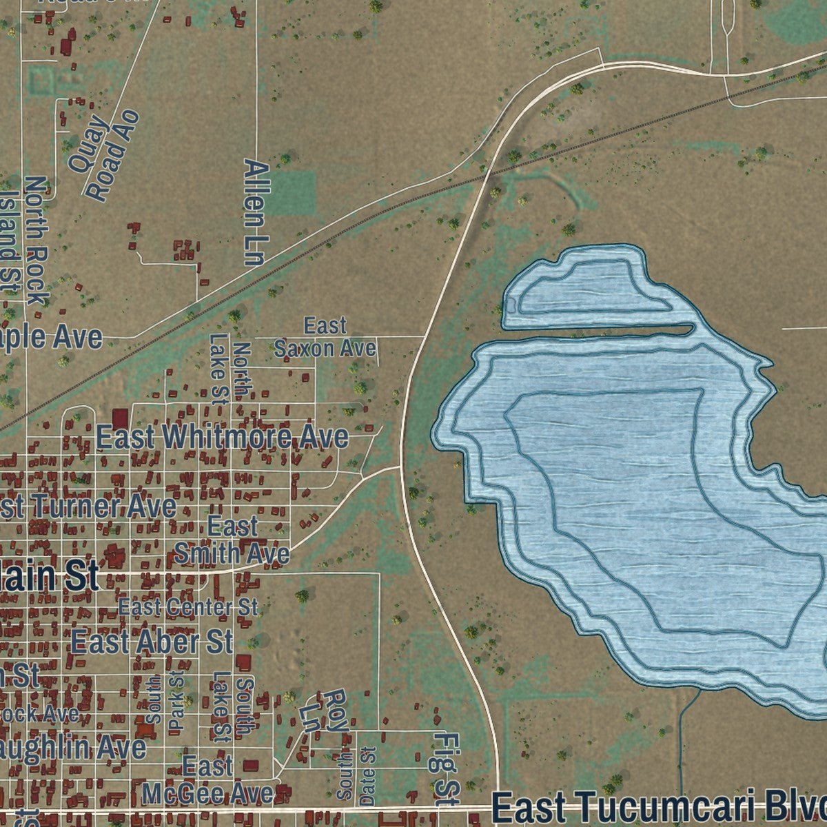 Close-up of the map of Tucumcari, New Mexico print showing street and building detail