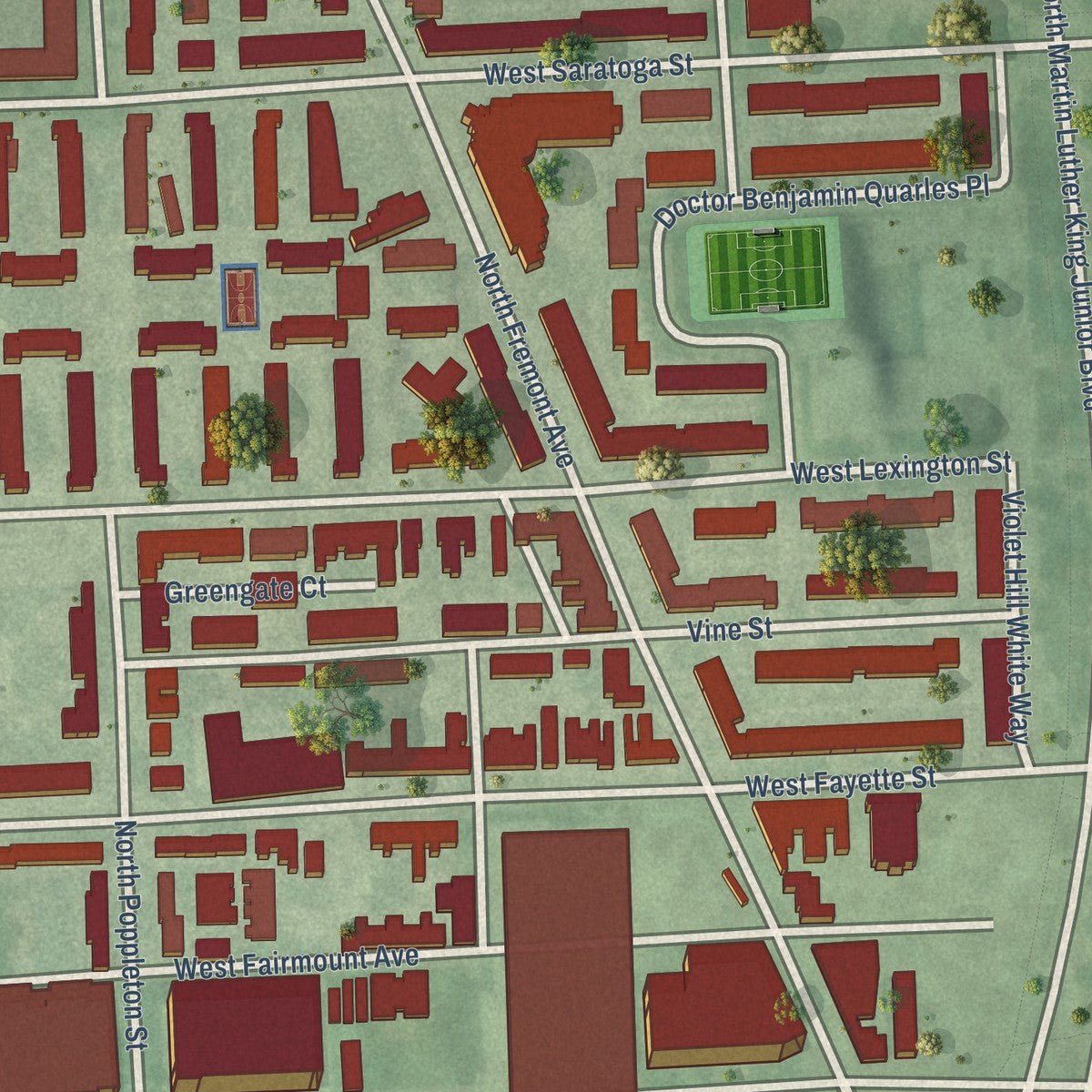 Close-up of the map of Poppleton, Maryland print showing street and building detail
