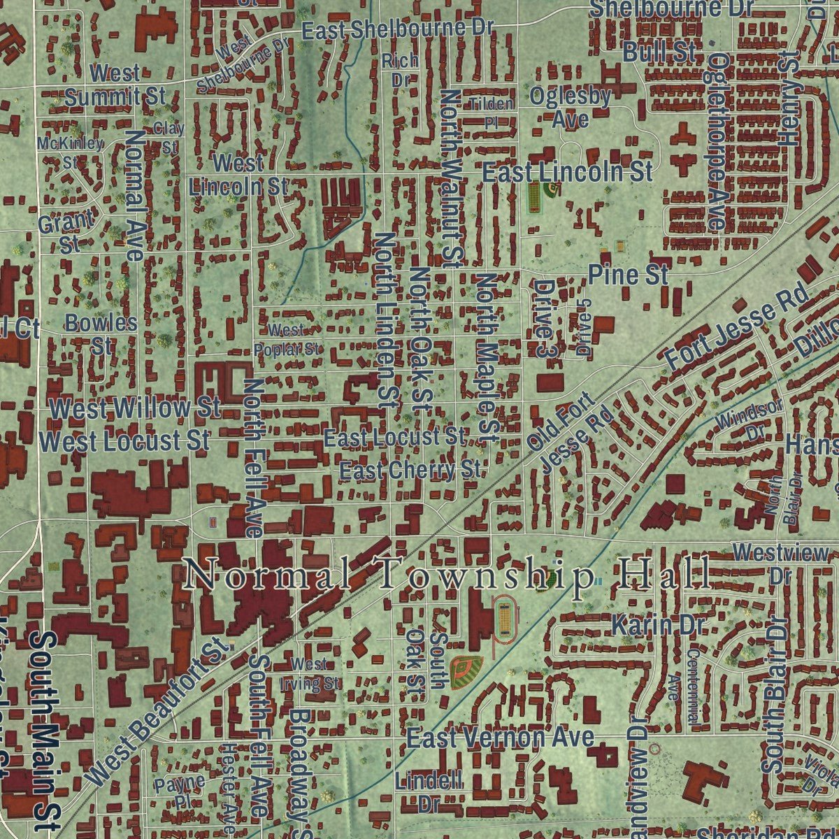 Close-up of the map of Normal, Illinois print showing street and building detail
