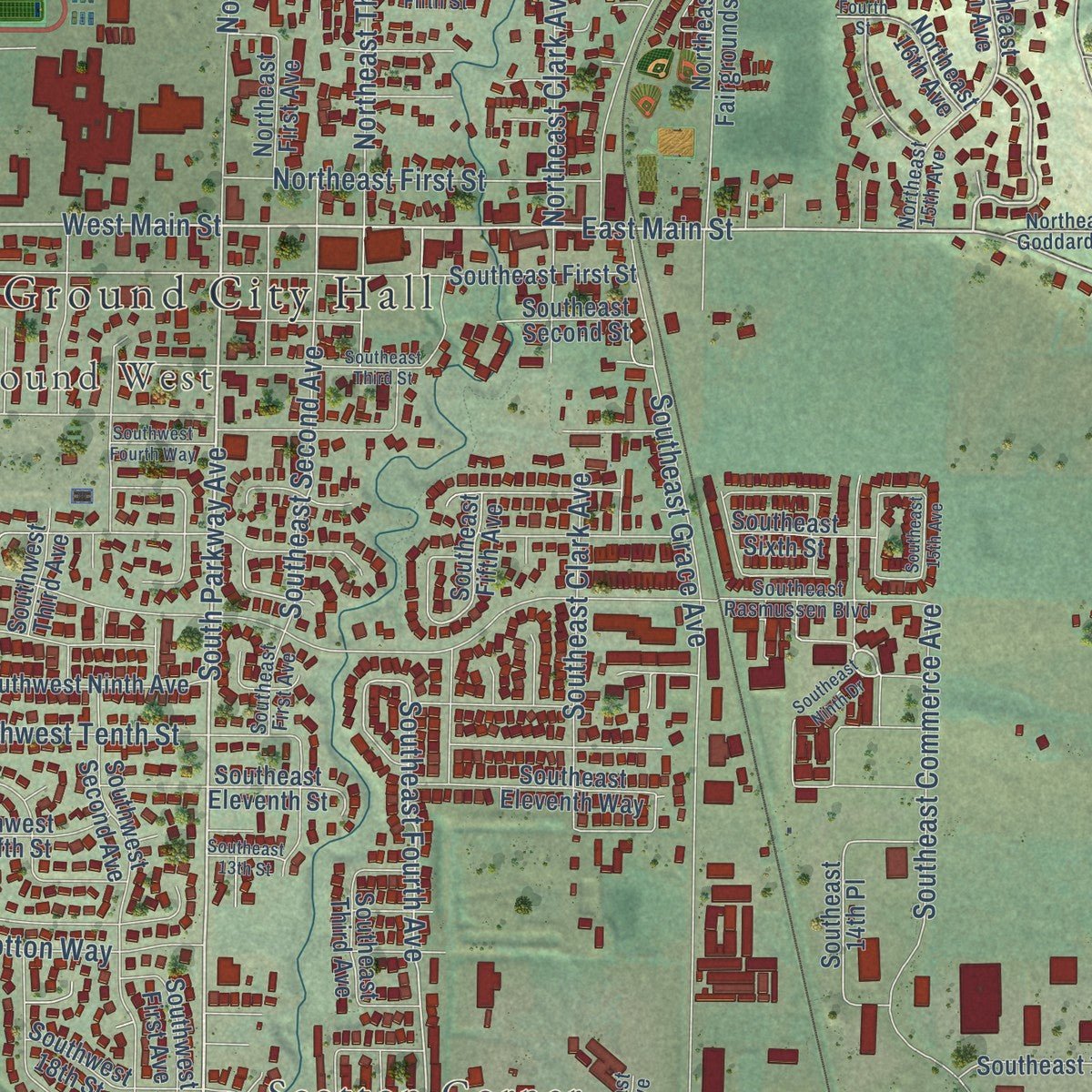 Close-up of the map of Battle Ground, Washington print showing street and building detail