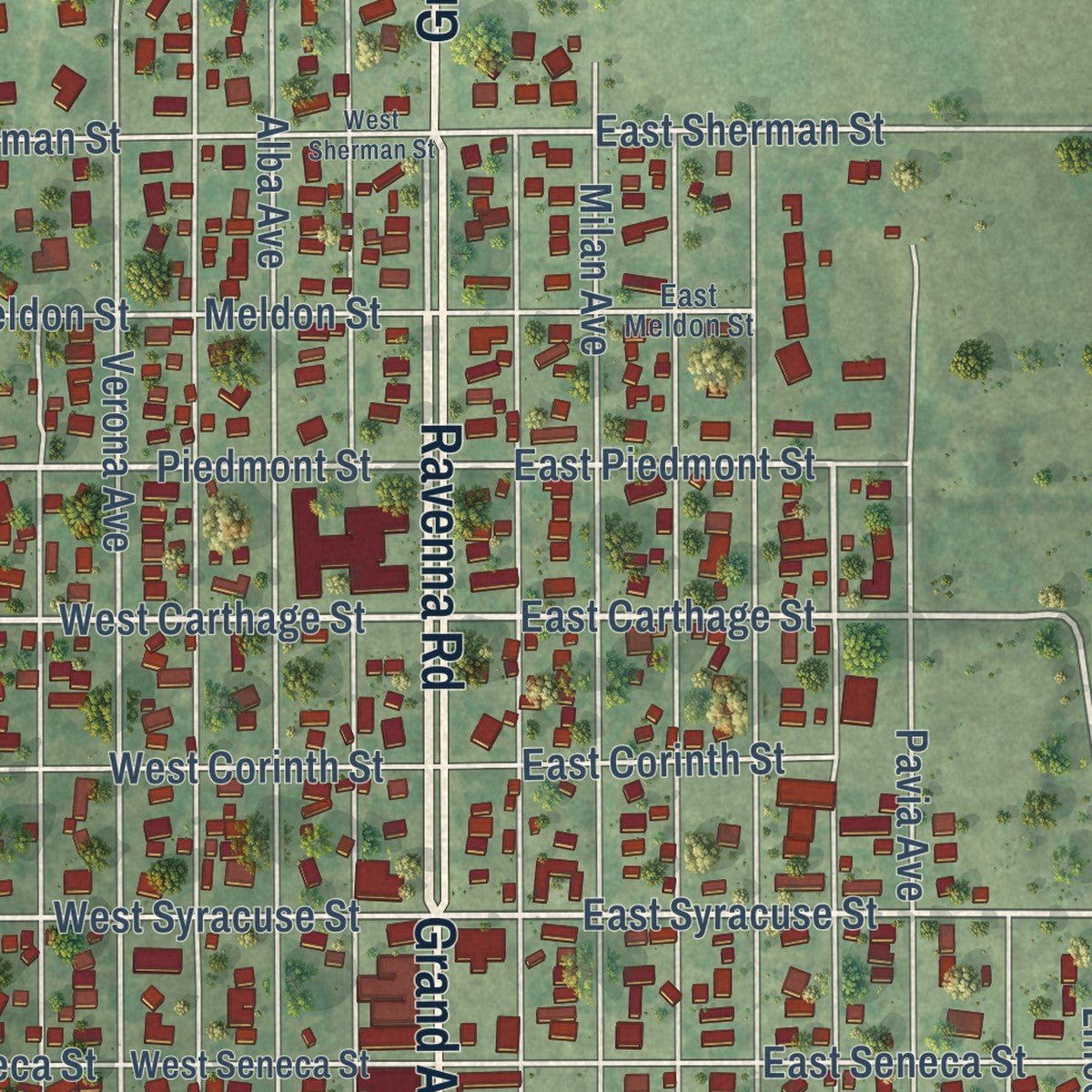 Close-up of the map of Ravenna, Nebraska print showing street and building detail