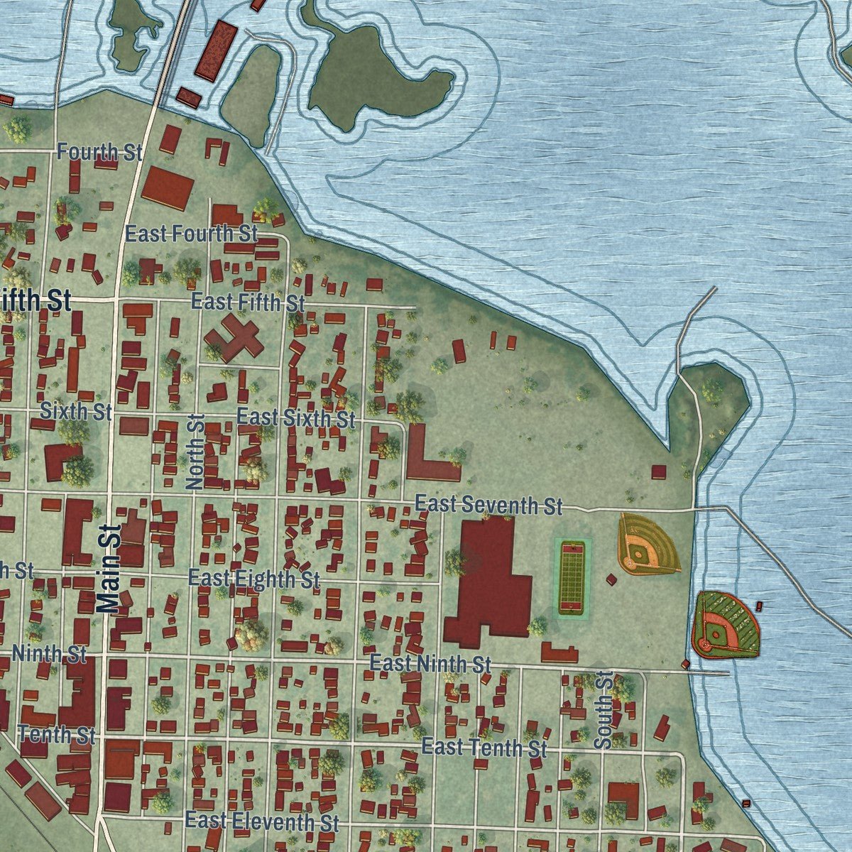 Close-up of the map of Bridgeport, Nebraska print showing street and building detail