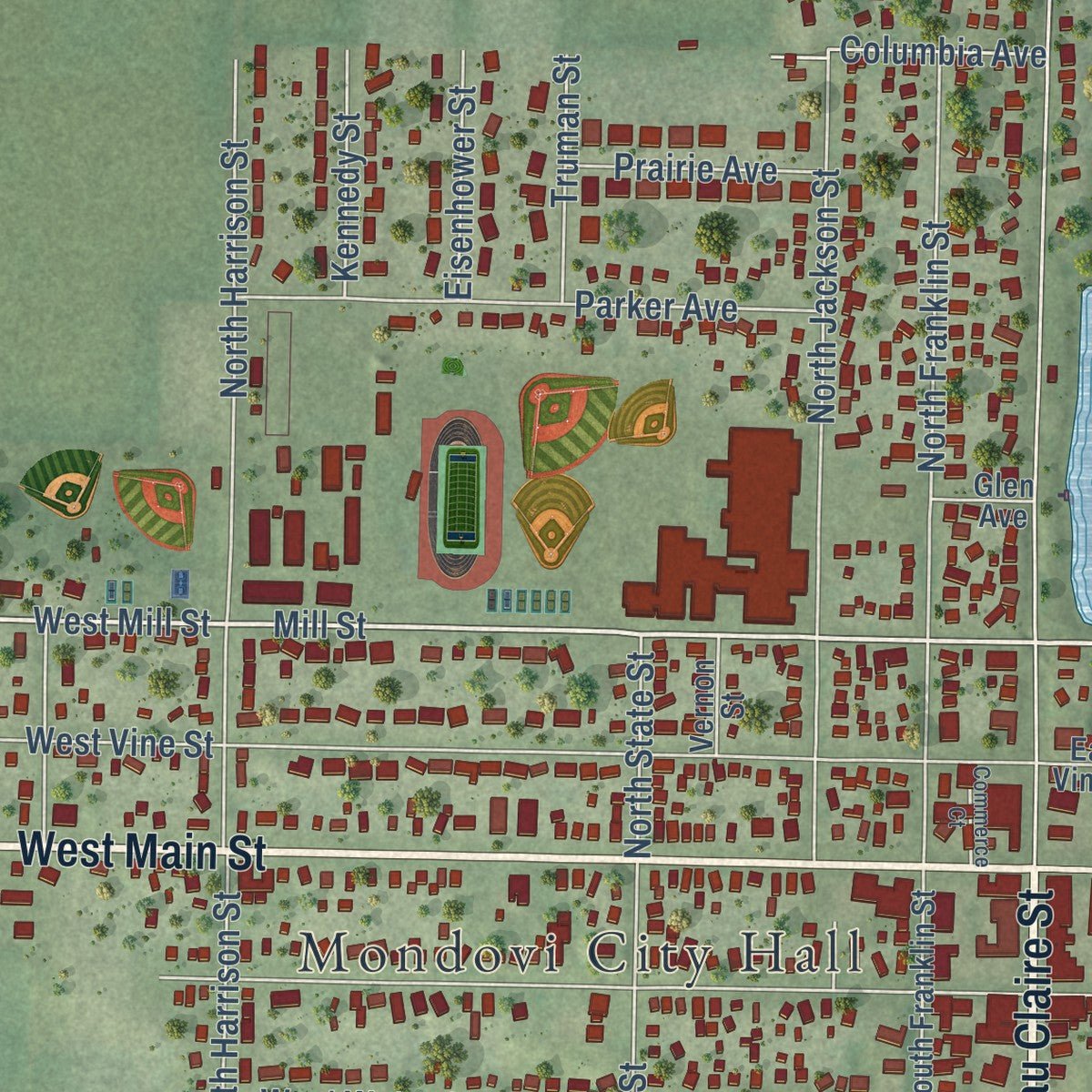 Close-up of the map of Mondovi, Wisconsin print showing street and building detail