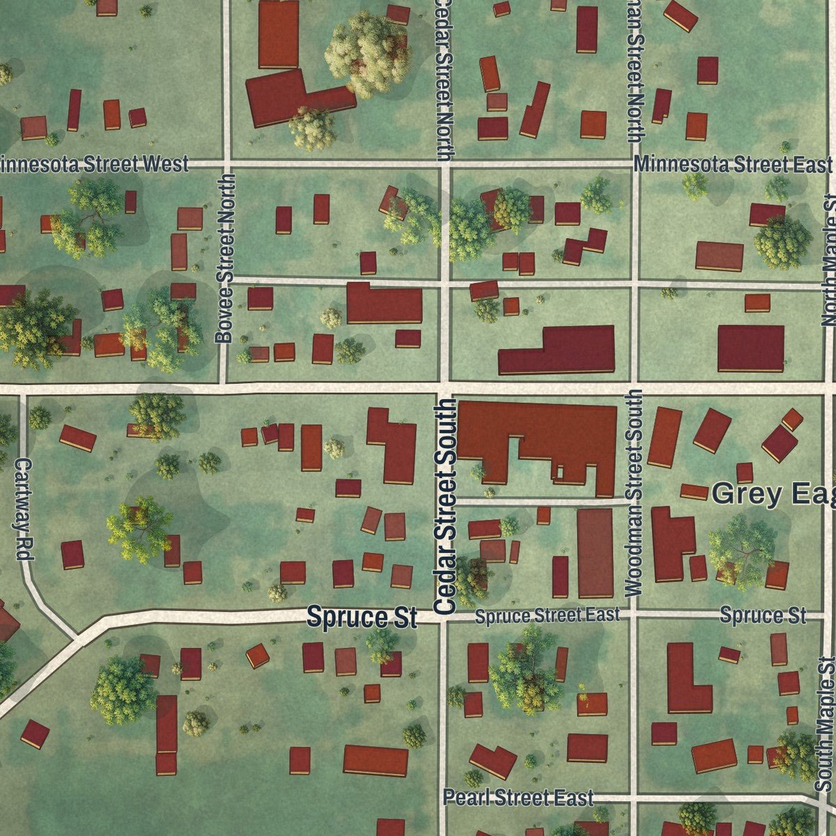 Close-up of the map of Grey Eagle, Minnesota print showing street and building detail