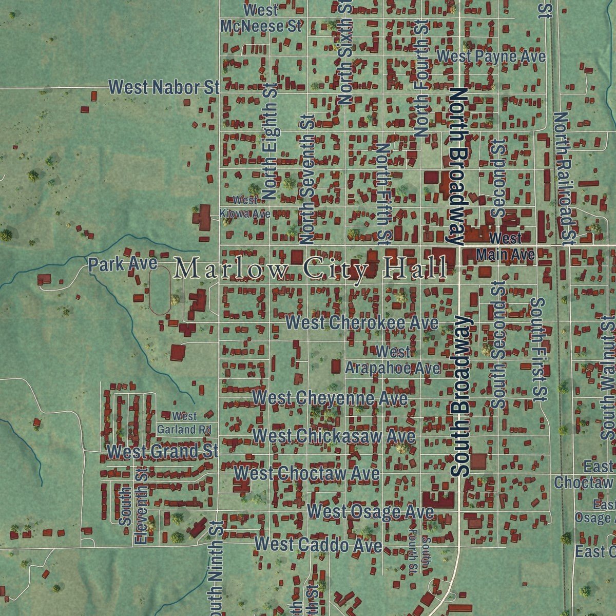 Close-up of the map of Marlow, Oklahoma print showing street and building detail