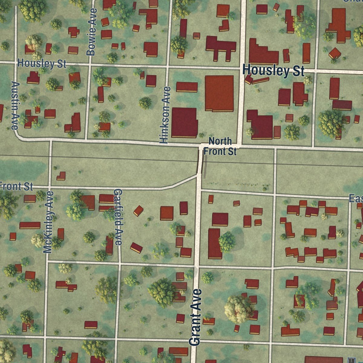 Close-up of the map of Strawn, Texas print showing street and building detail