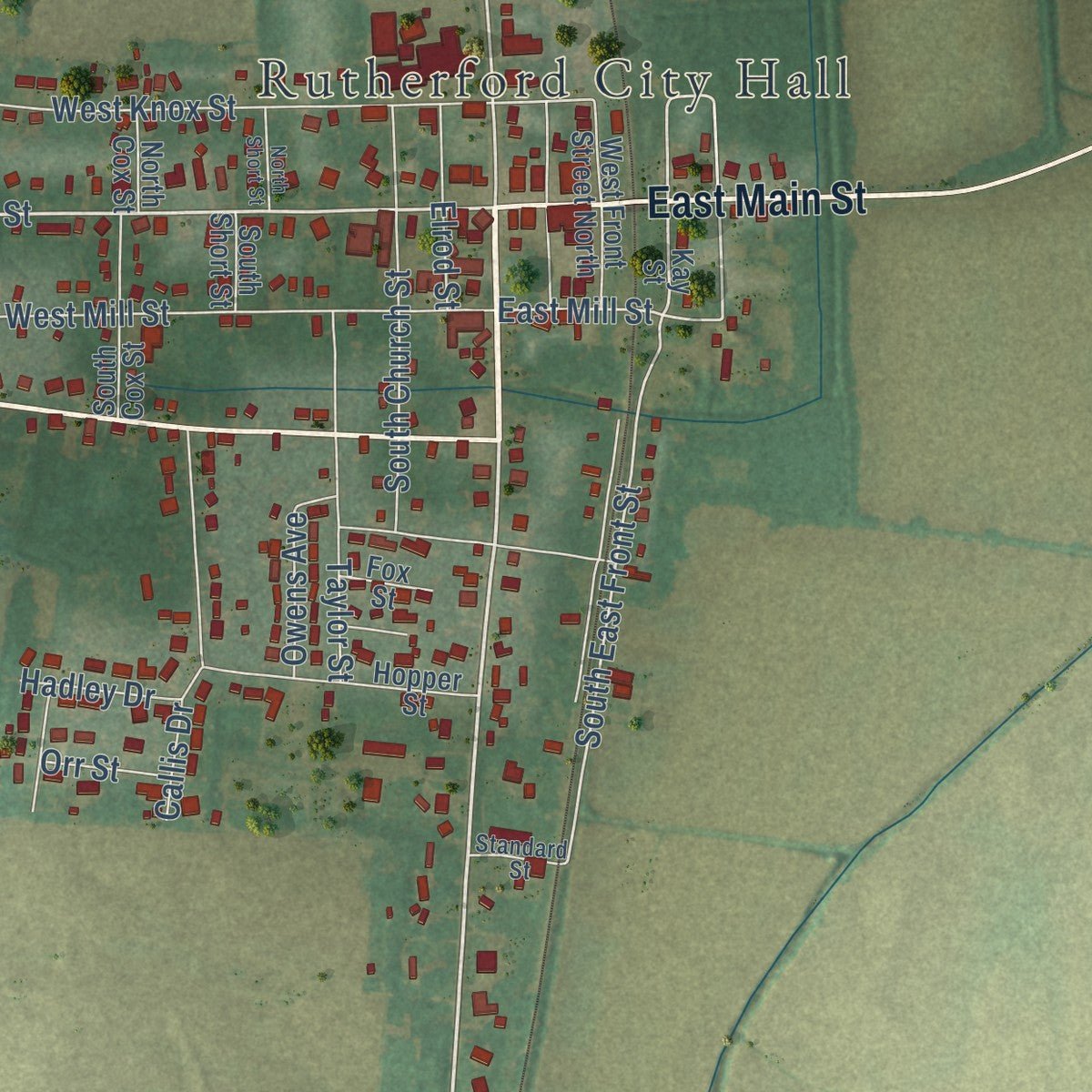 Close-up of the map of Rutherford, Tennessee print showing street and building detail