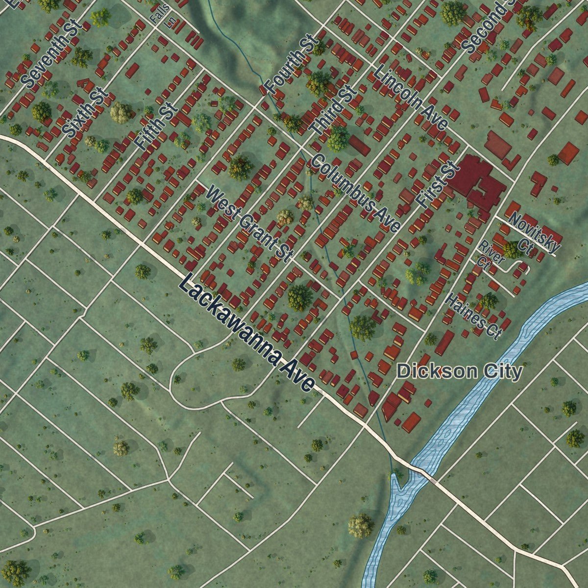 Close-up of the map of Blakely, Pennsylvania print showing street and building detail