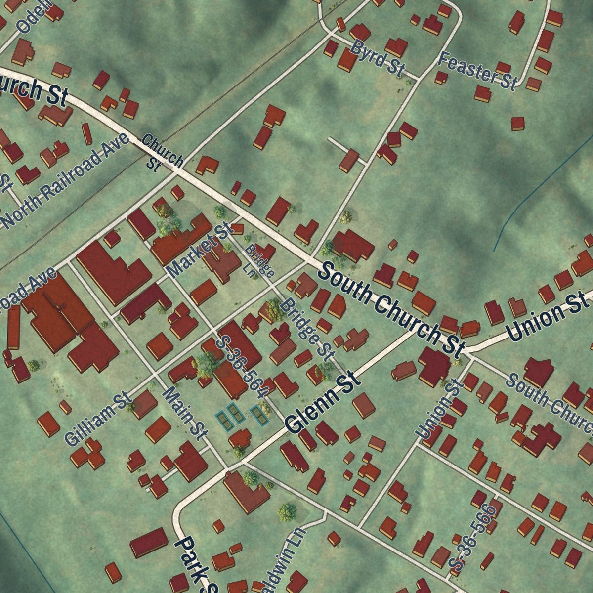 Close-up of the map of Whitmire, South Carolina print showing street and building detail