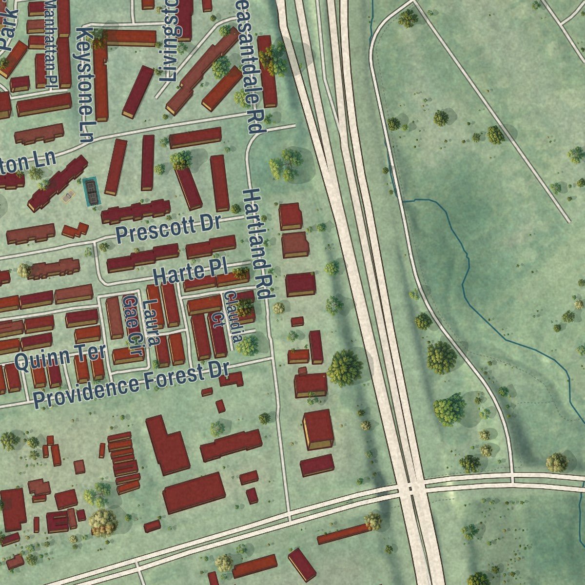 Close-up of the map of Merrifield, Virginia print showing street and building detail