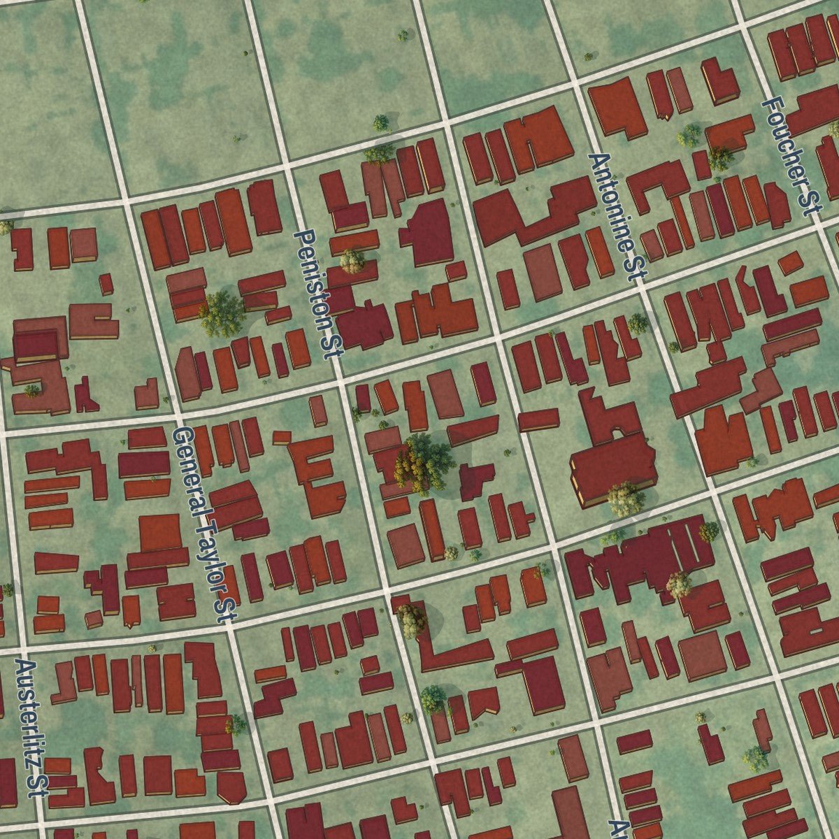Close-up of the map of East Riverside, Louisiana print showing street and building detail
