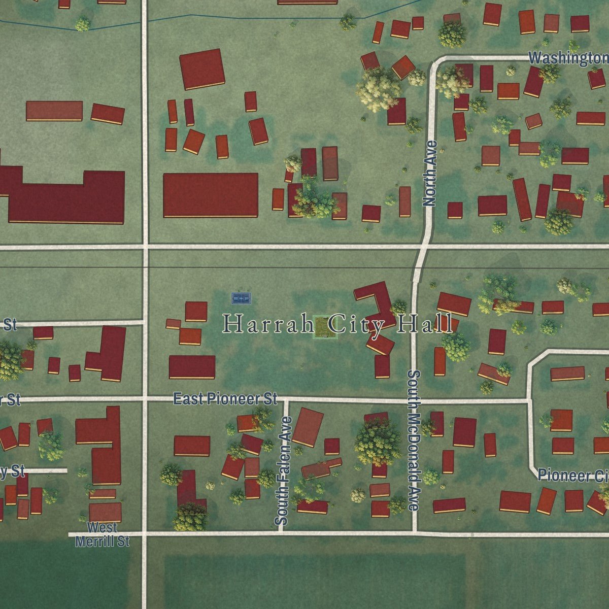 Close-up of the map of Harrah, Washington print showing street and building detail