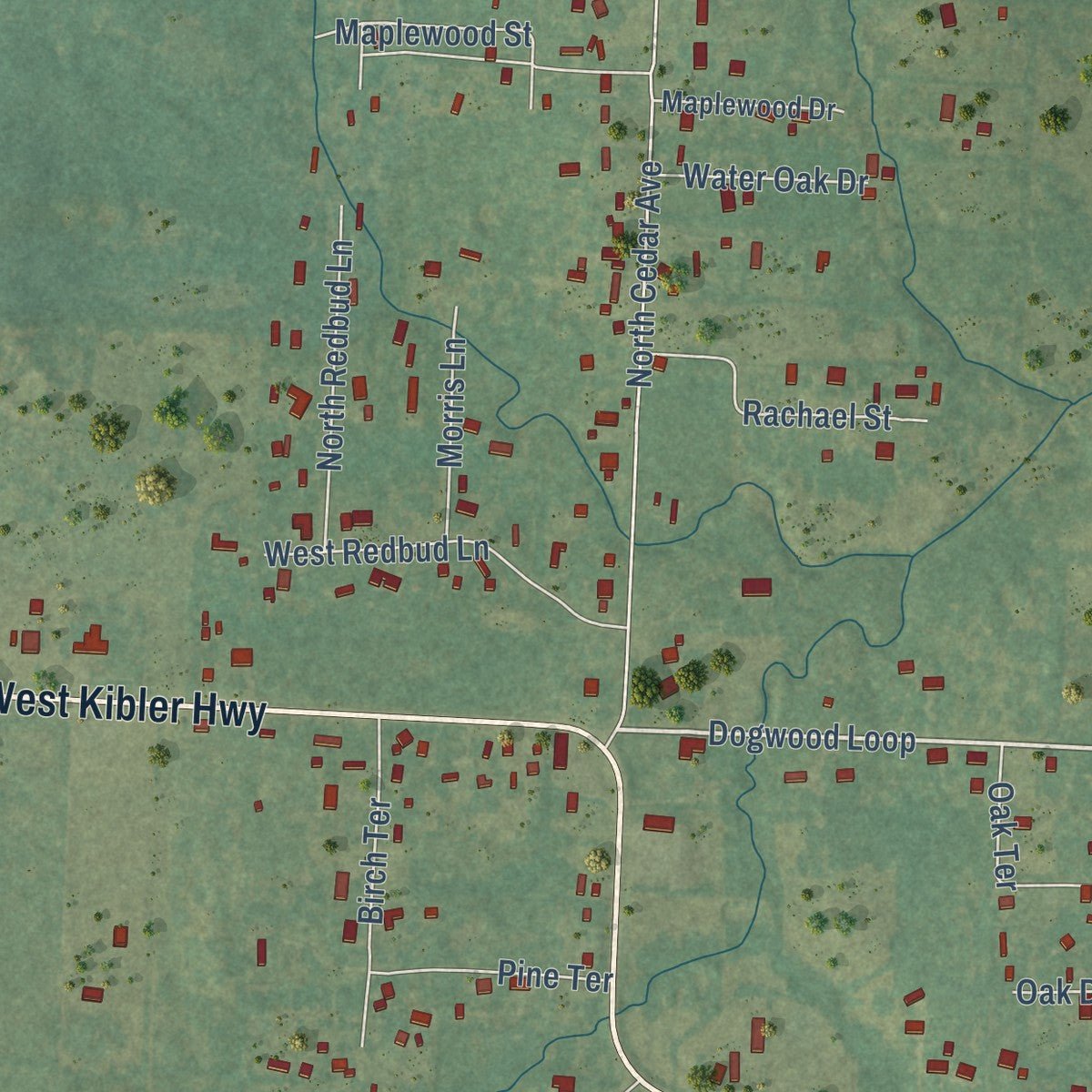 Close-up of the map of Kibler, Arkansas print showing street and building detail