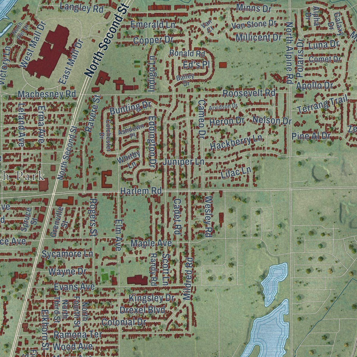 Close-up of the map of Machesney Park, Illinois print showing street and building detail