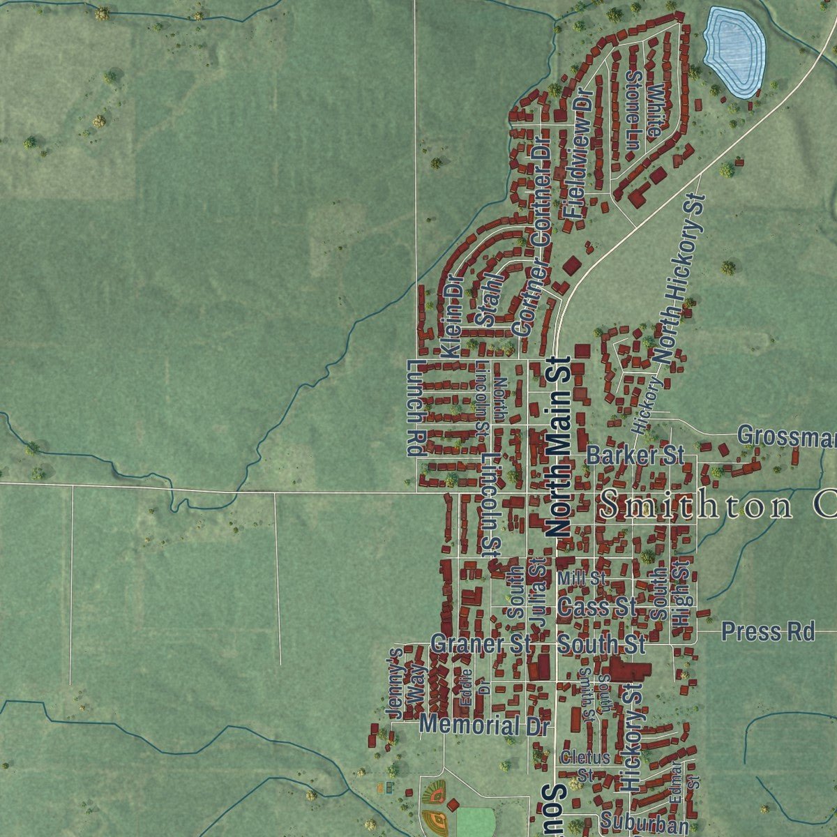 Close-up of the map of Smithton, Illinois print showing street and building detail