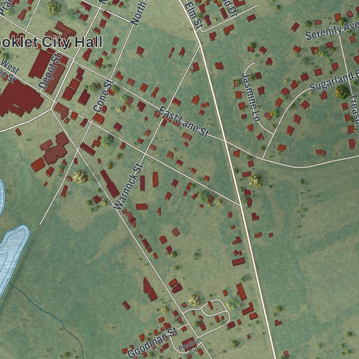 Close-up of the map of Brooklet, Georgia print showing street and building detail