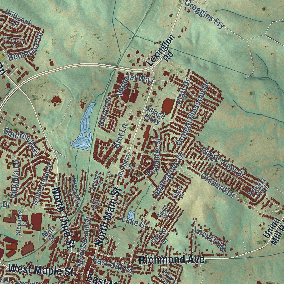 Close-up of the map of Nicholasville, Kentucky print showing street and building detail