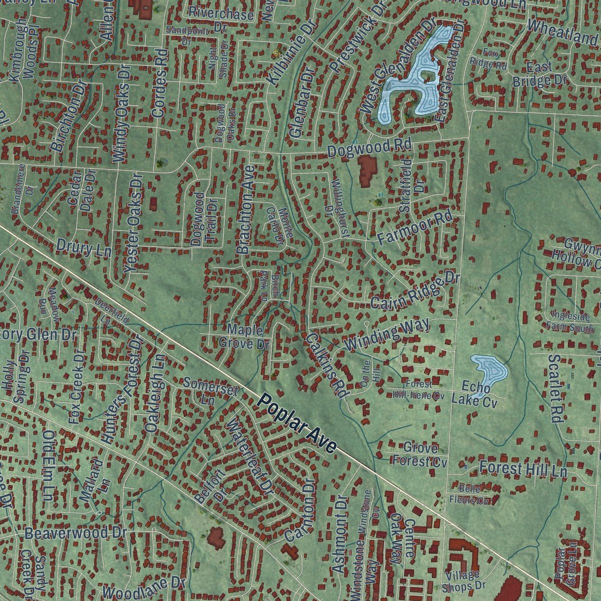 Close-up of the map of Germantown, Tennessee print showing street and building detail