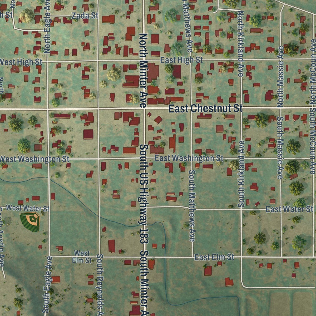 Close-up of the map of Throckmorton, Texas print showing street and building detail