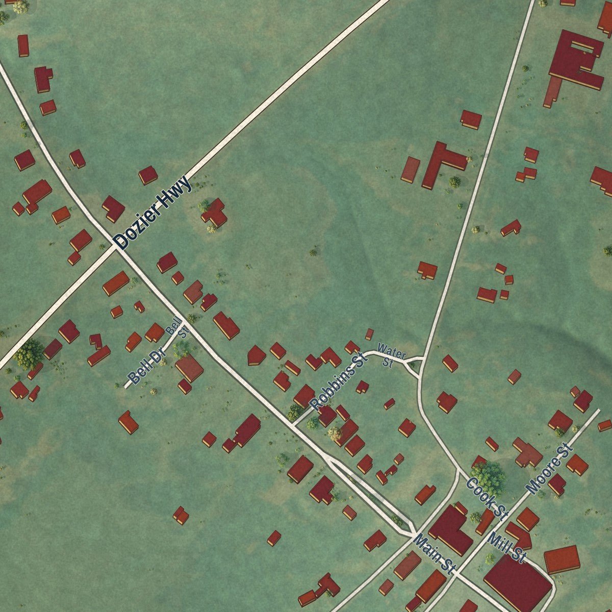 Close-up of the map of Dozier, Alabama print showing street and building detail