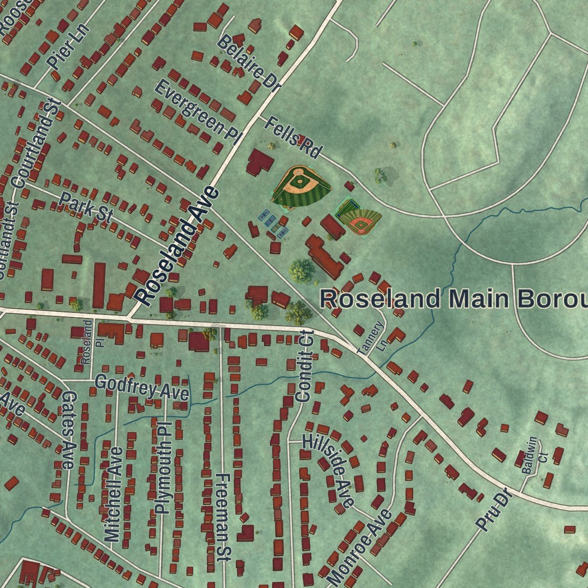 Close-up of the map of Roseland, New Jersey print showing street and building detail