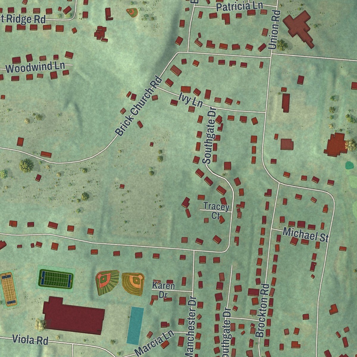 Close-up of the map of New Hempstead, New York print showing street and building detail