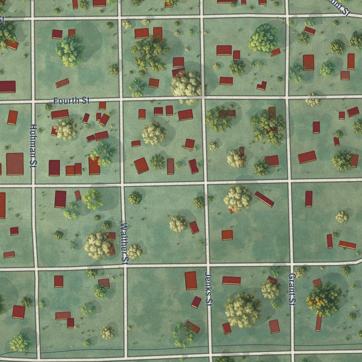 Close-up of the map of Oakdale, Nebraska print showing street and building detail