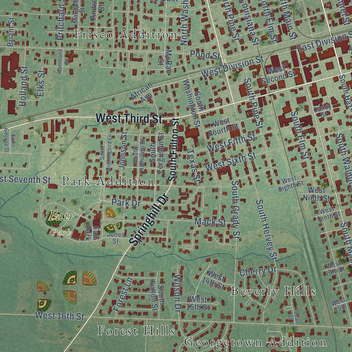 Close-up of the map of Hope, Arkansas print showing street and building detail