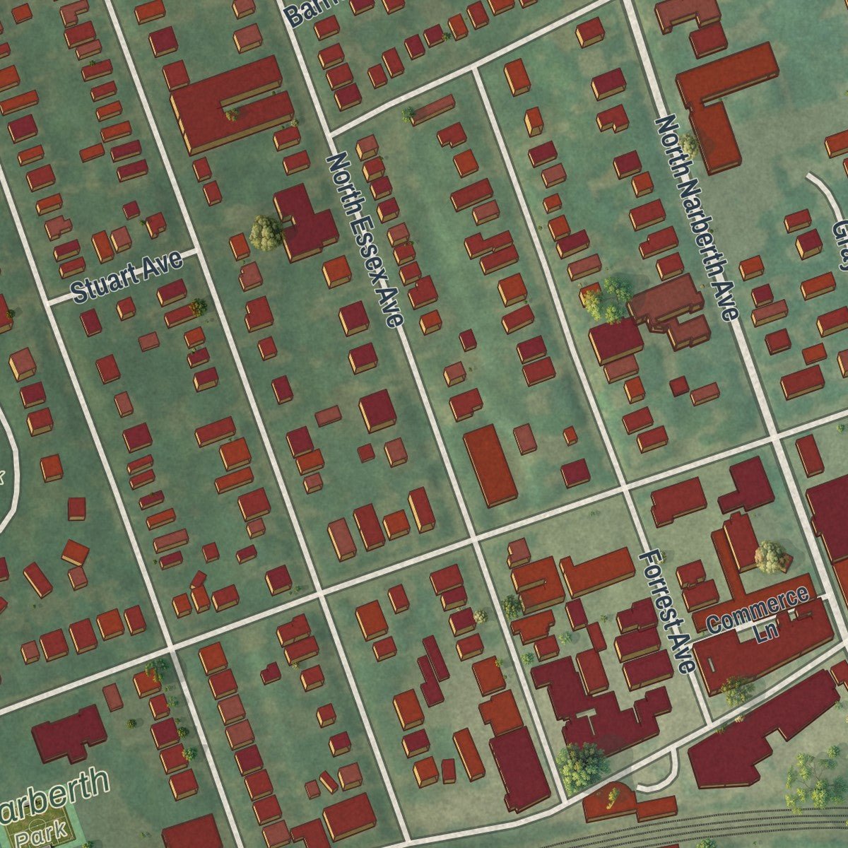 Close-up of the map of Narberth, Pennsylvania print showing street and building detail