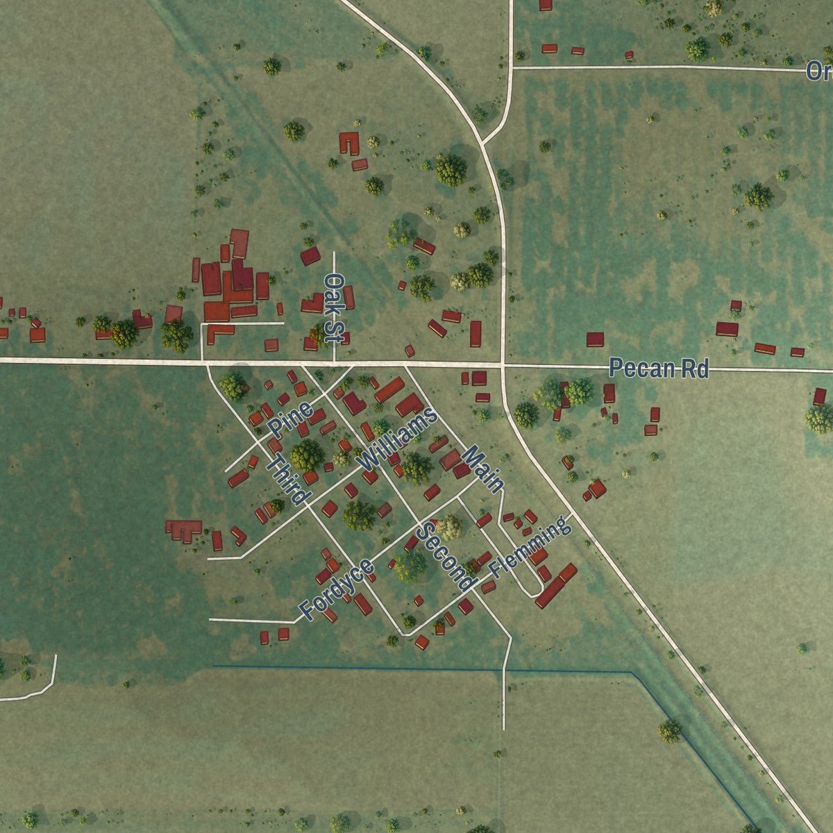 Close-up of the map of Keo, Arkansas print showing street and building detail