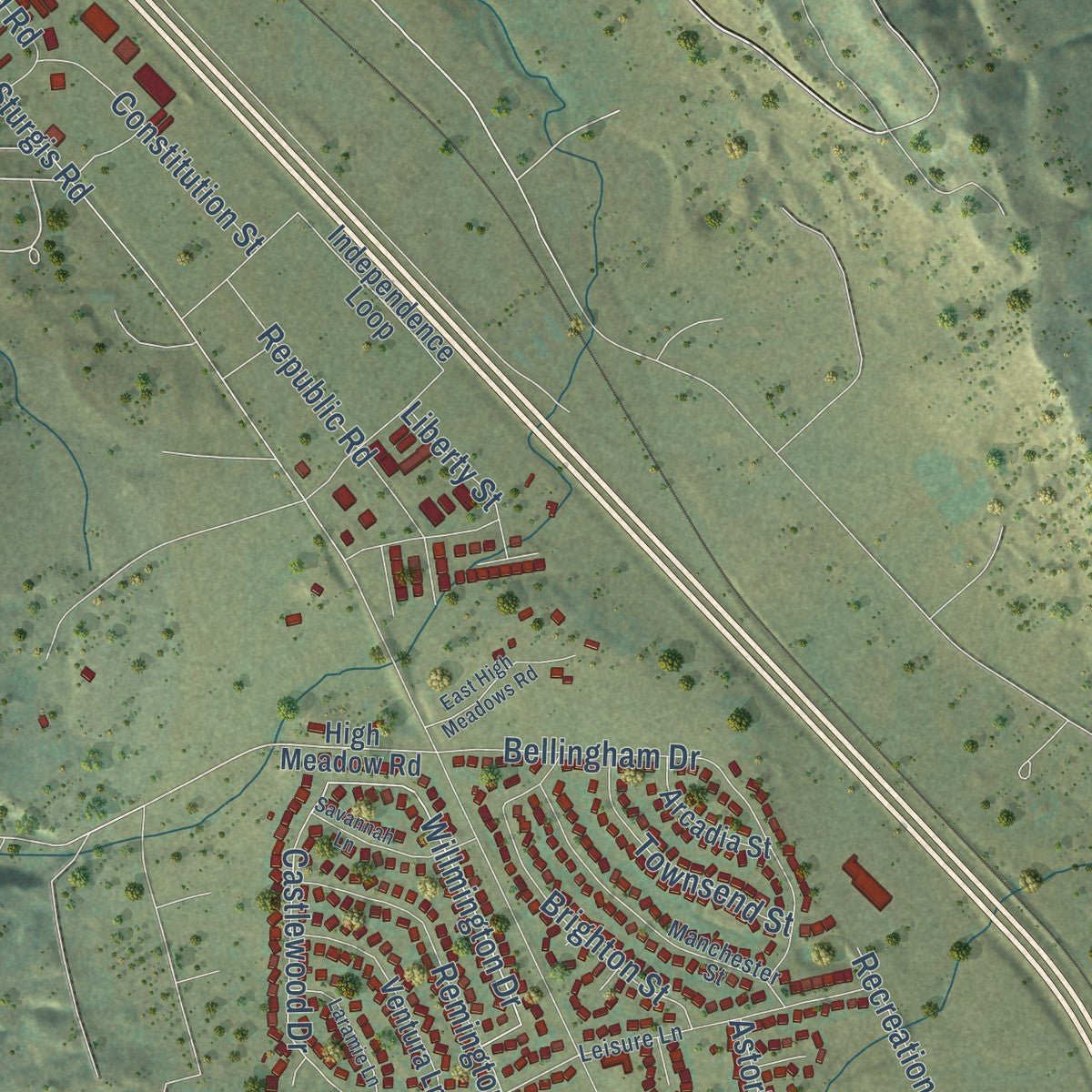 Close-up of the map of Summerset, South Dakota print showing street and building detail