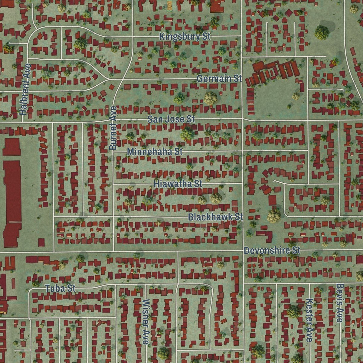 Close-up of the map of Mission Hills, California print showing street and building detail