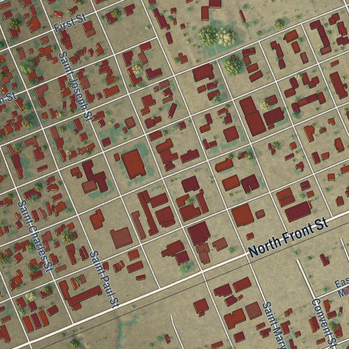 Close-up of the map of Stanton, Texas print showing street and building detail