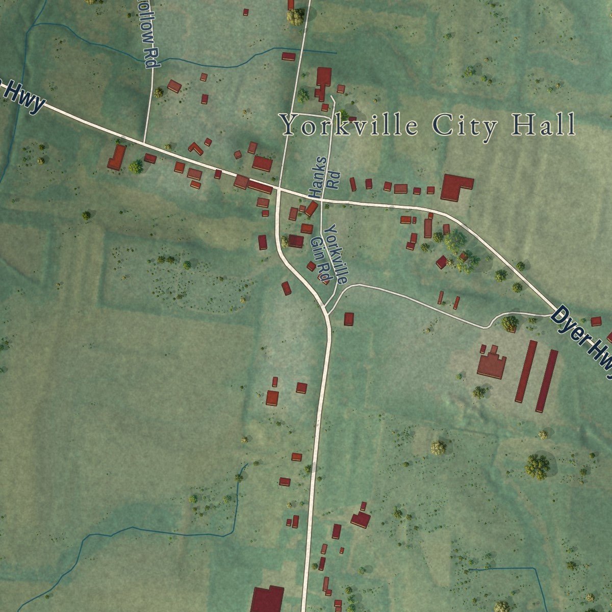 Close-up of the map of Yorkville, Tennessee print showing street and building detail