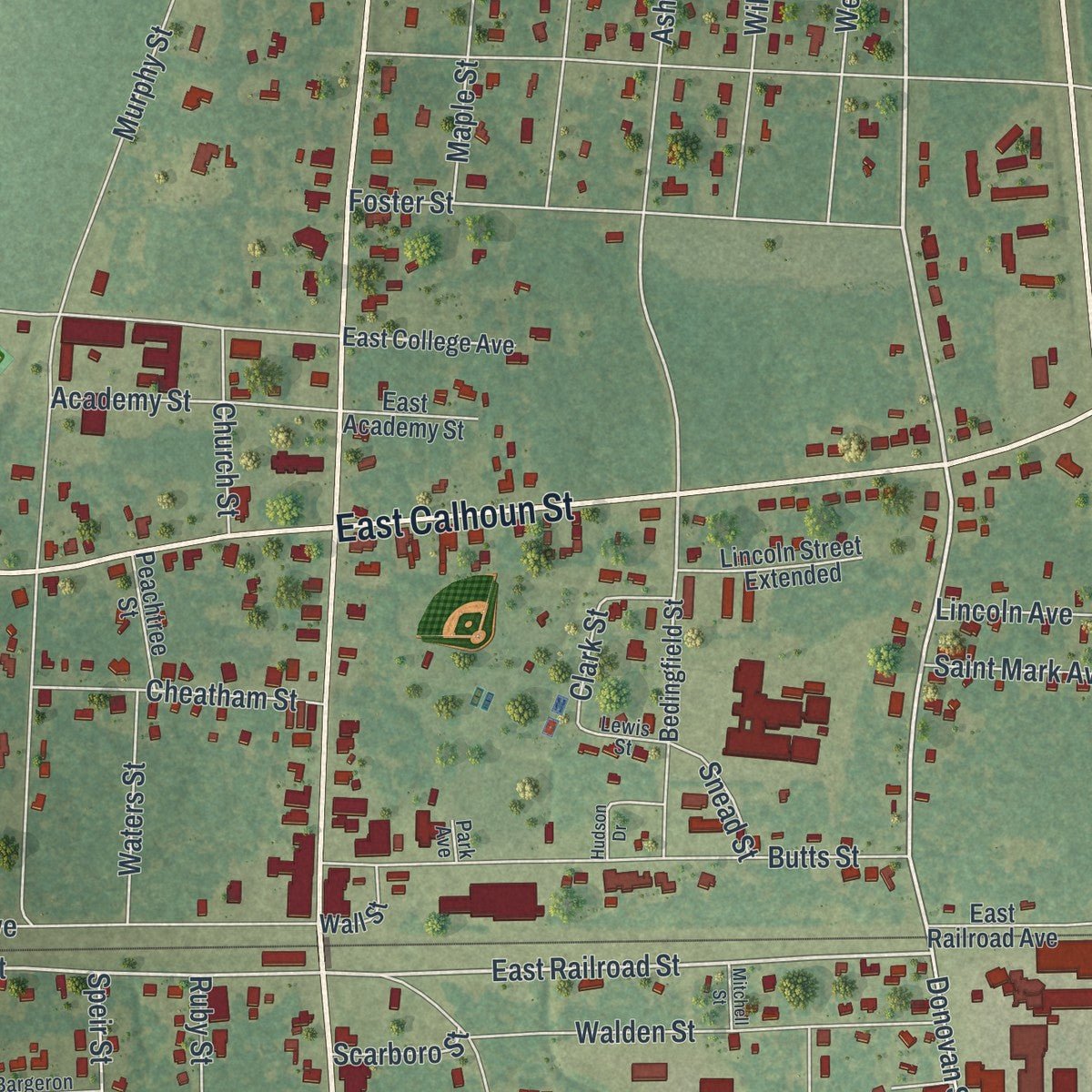 Close-up of the map of Wadley, Georgia print showing street and building detail