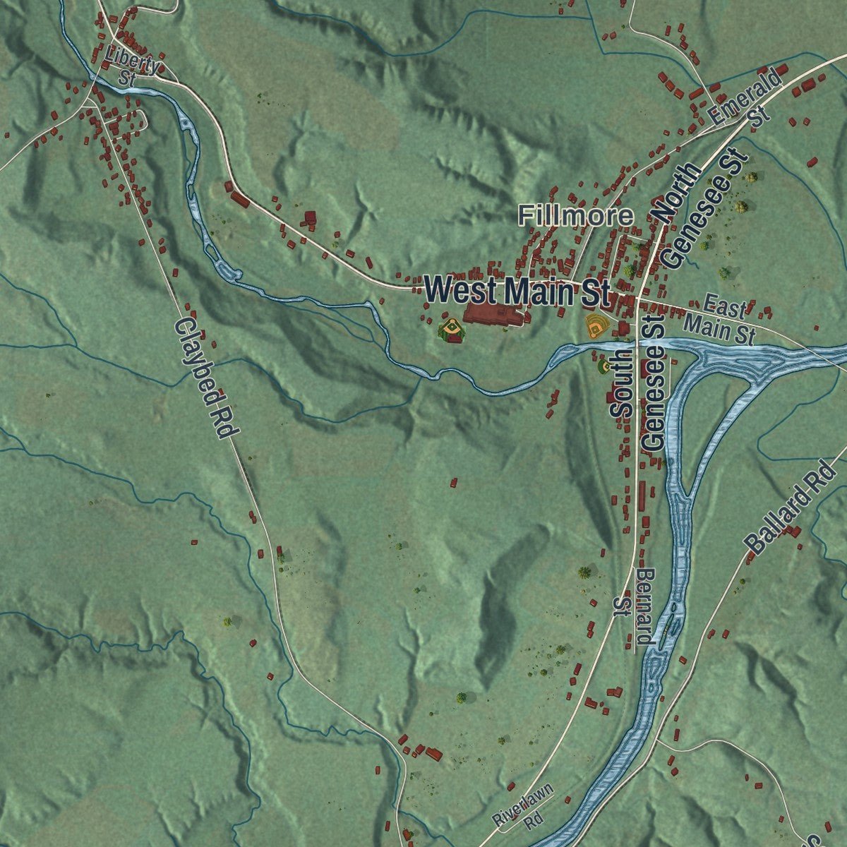 Close-up of the map of Hume, New York print showing street and building detail