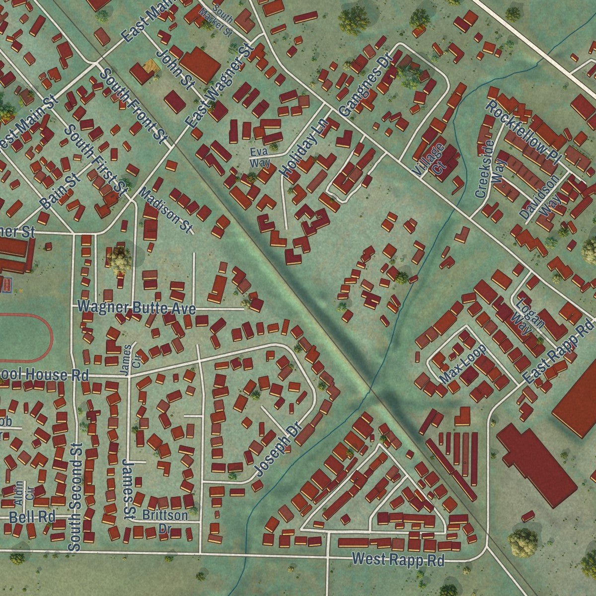 Close-up of the map of Talent, Oregon print showing street and building detail