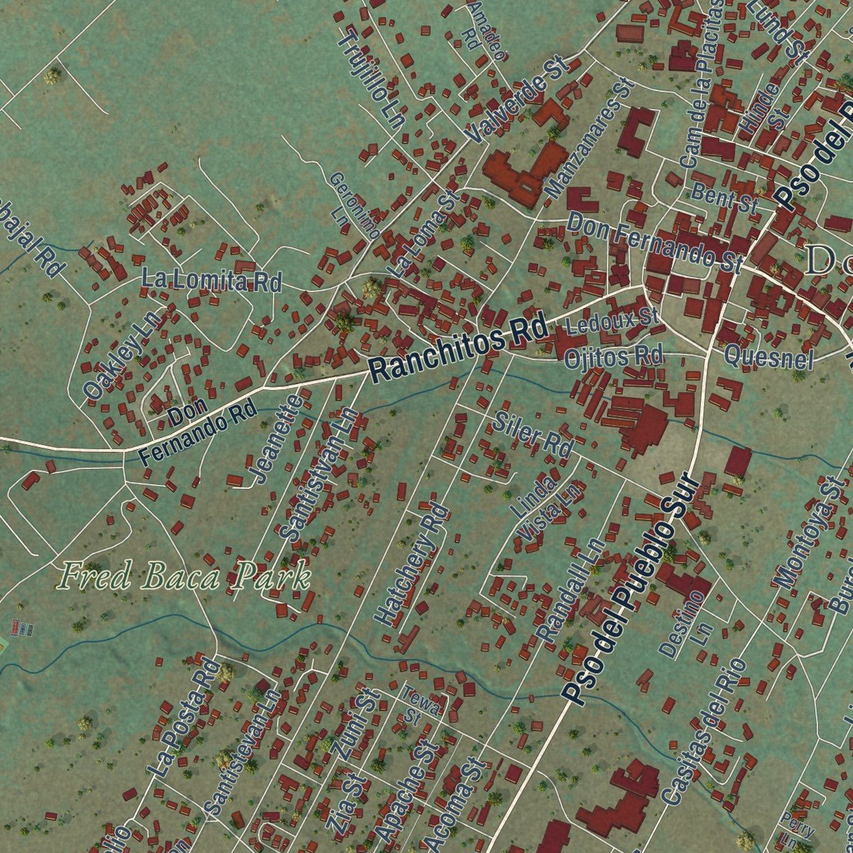 Close-up of the map of Taos, New Mexico print showing street and building detail