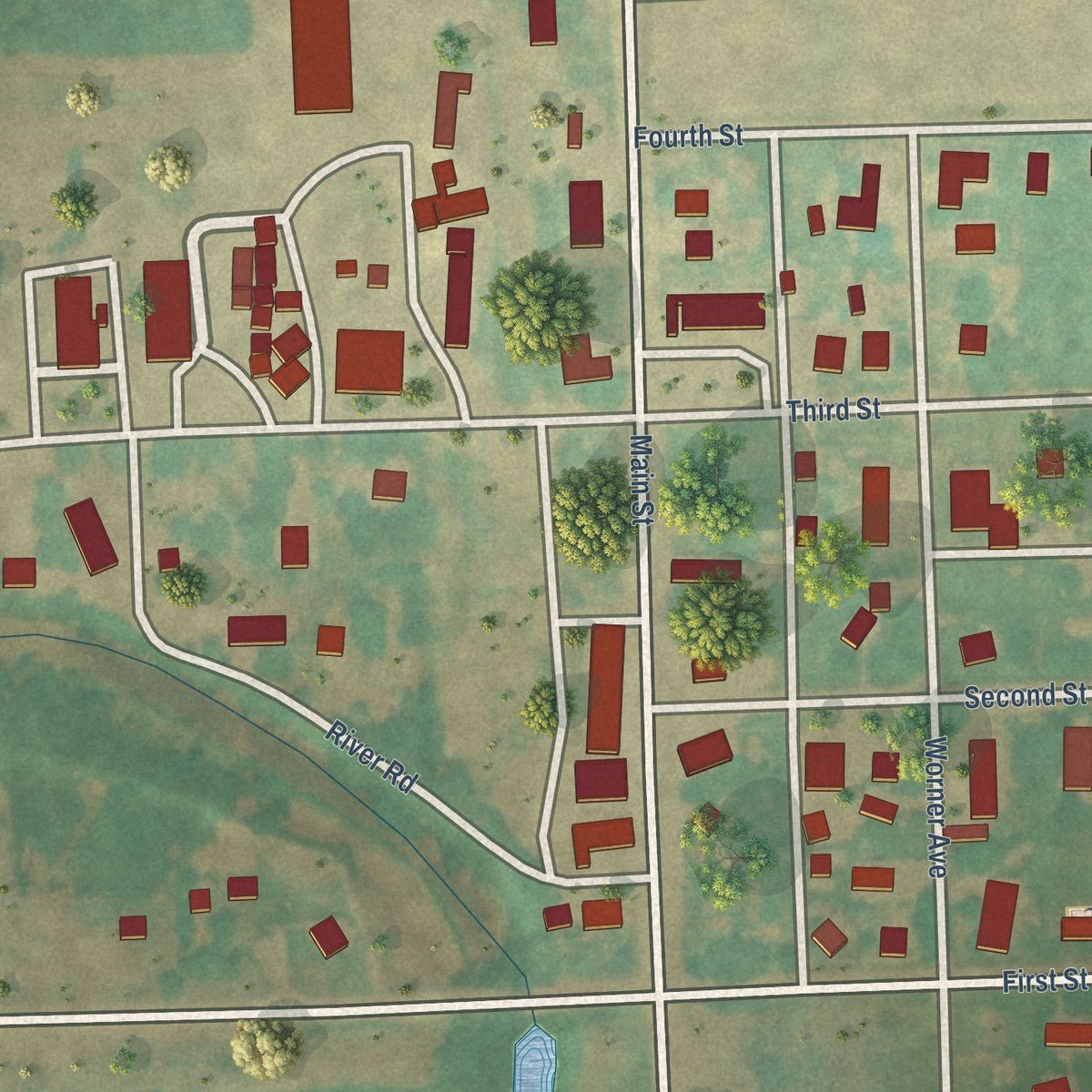 Close-up of the map of Great Bend, North Dakota print showing street and building detail