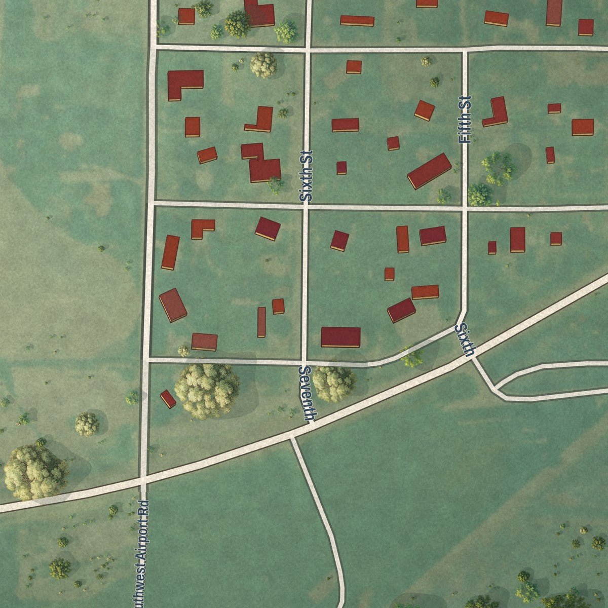 Close-up of the map of Faxon, Oklahoma print showing street and building detail