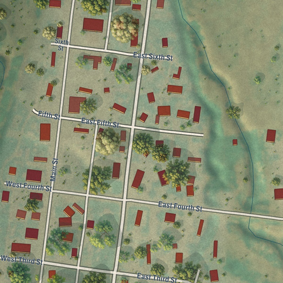 Close-up of the map of Grass Range, Montana print showing street and building detail